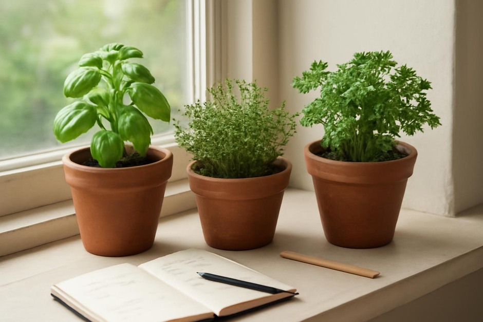 Compact windowsill herb garden with small pots of basil, thyme, and parsley