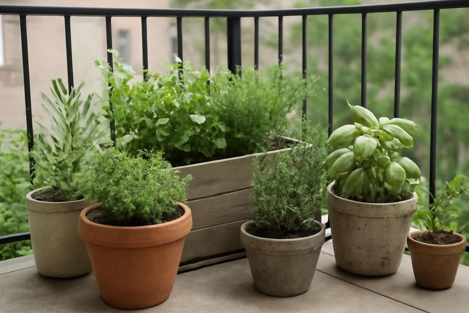 Small balcony pocket garden with mixed containers and herbs
